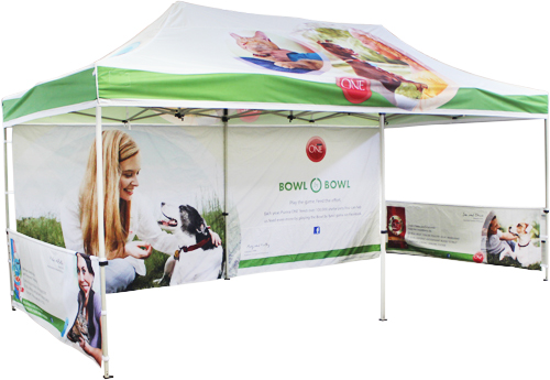 Purina custom printed fast shade with sidewalls and rail skirts
