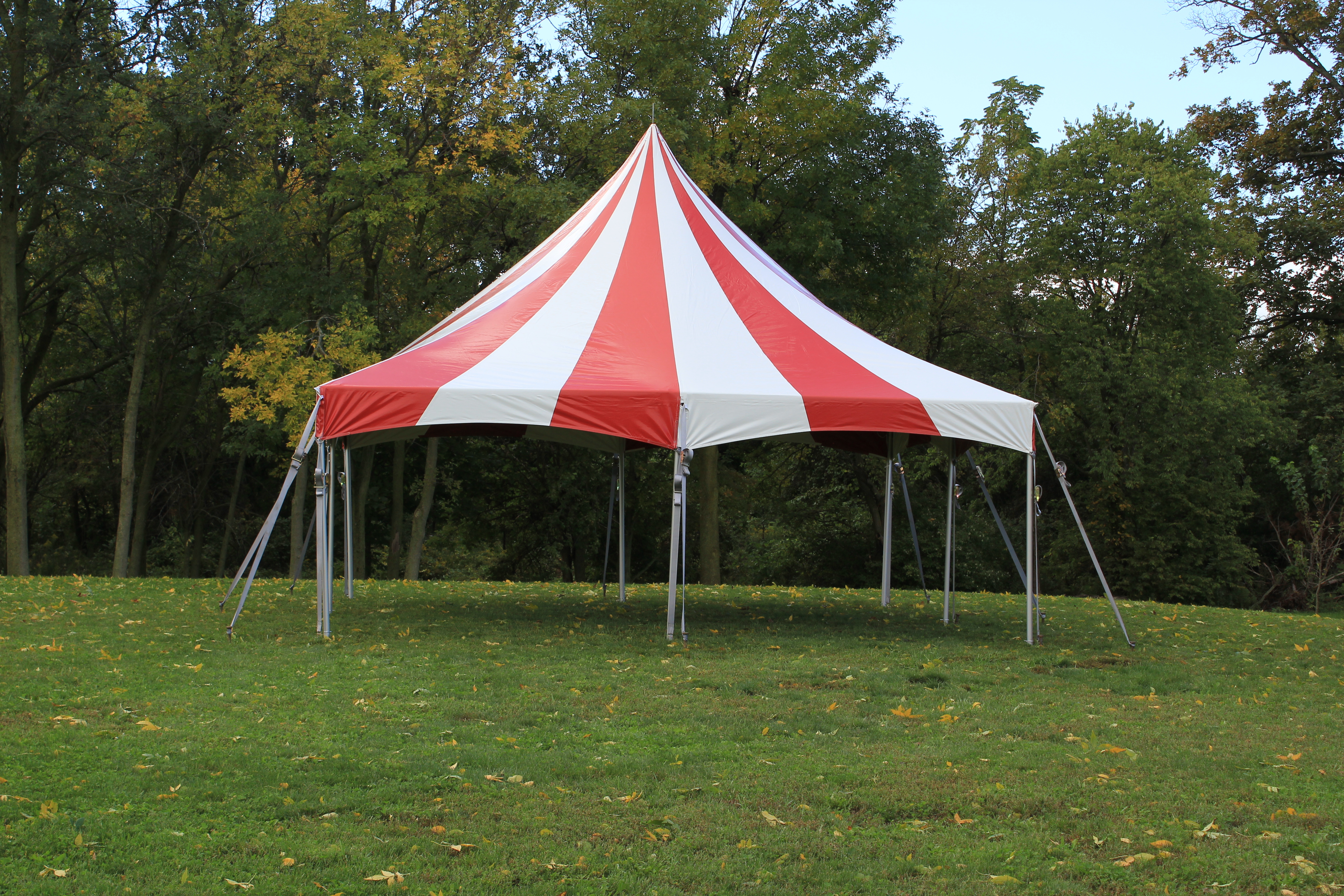 Red and white striped 20x20 Master Series High Peak Frame Tent