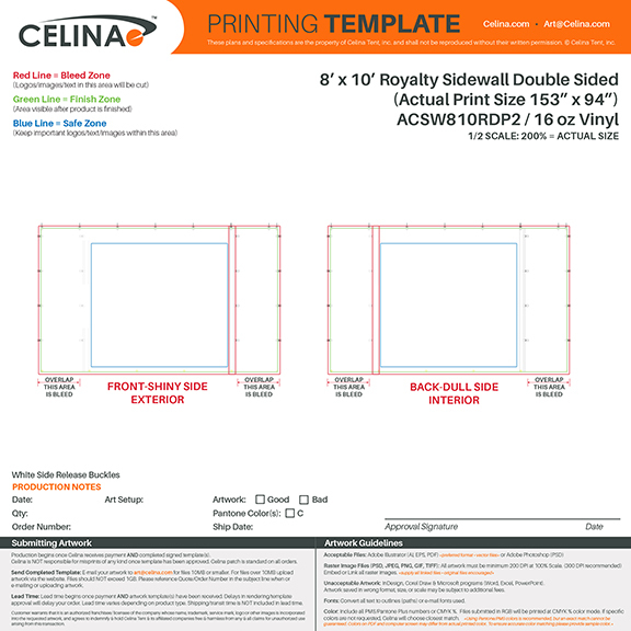 Template explaining bleed, trim, and safe zone areas for print preparation."